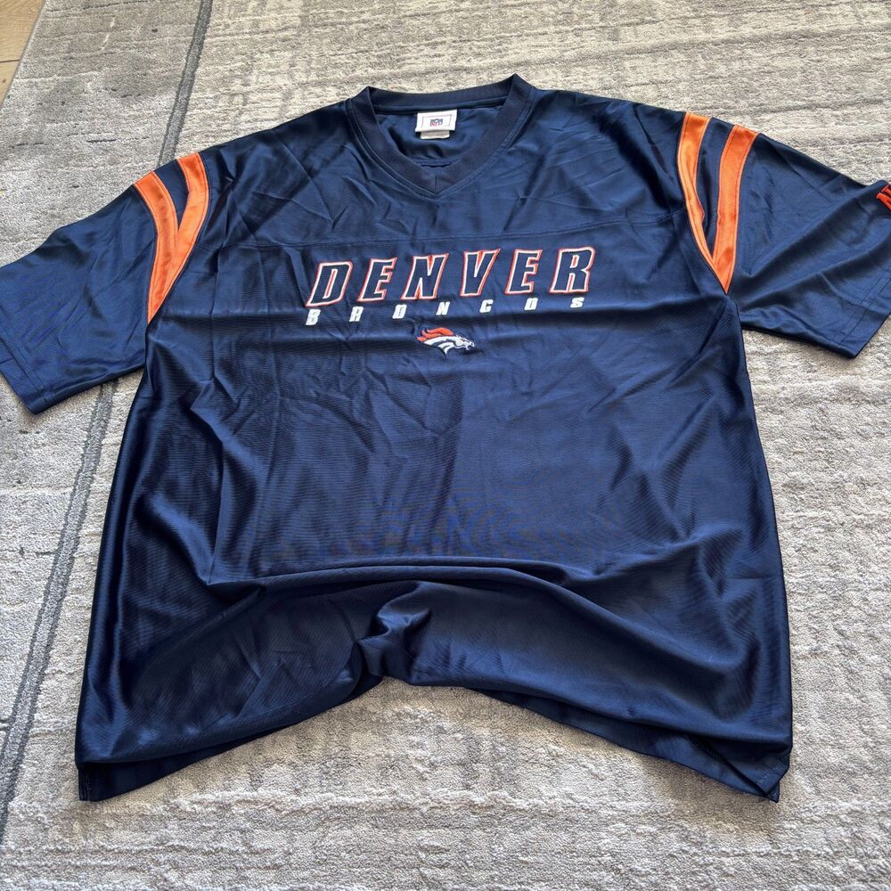 Vintage Denver Broncos V-Neck Mesh Shirt Jersey Mens Blue Orange Striped